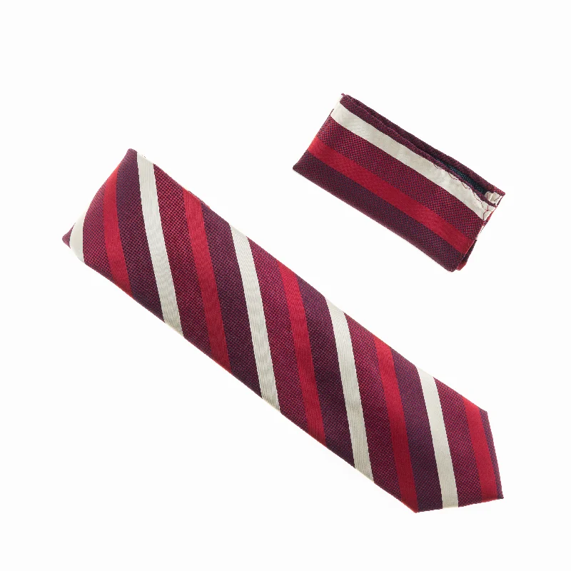 Men's tie with bold hues for professional wear-Burgundy, Red, Maroon and Tan Striped Designed Necktie Tie with Matching Pocket Square