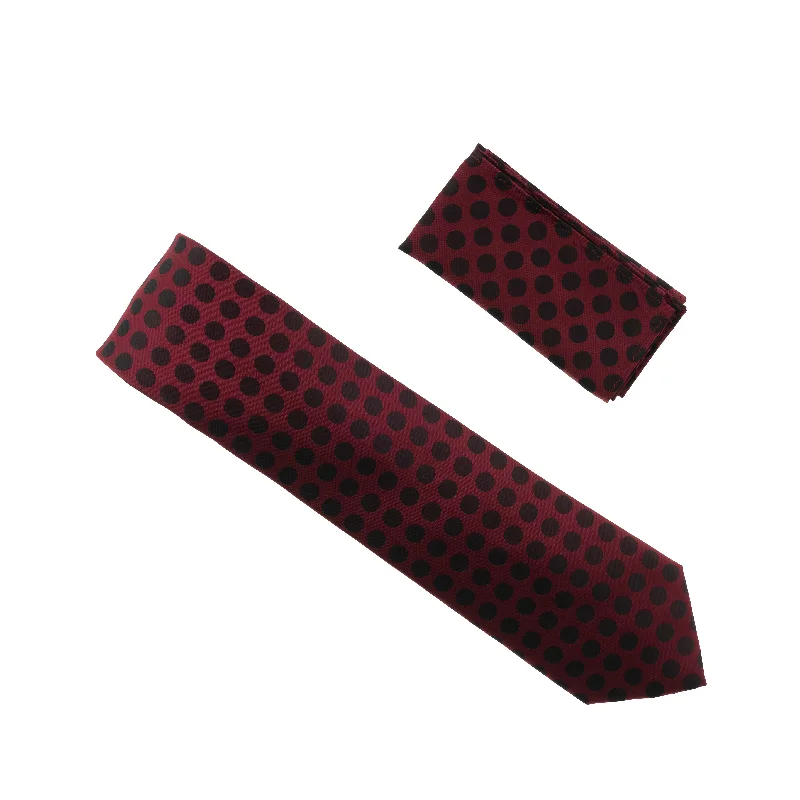 Elegant men's tie with floral motifs for corporate wear-Burgundy with Merlot Colored Polka Dots Silk Tie with Matching Pocket Square