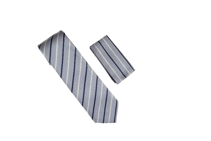 Best men's tie with classic design for business meetings-Carolina Blue, Navy and Silver Striped Necktie with Matching Pocket Square