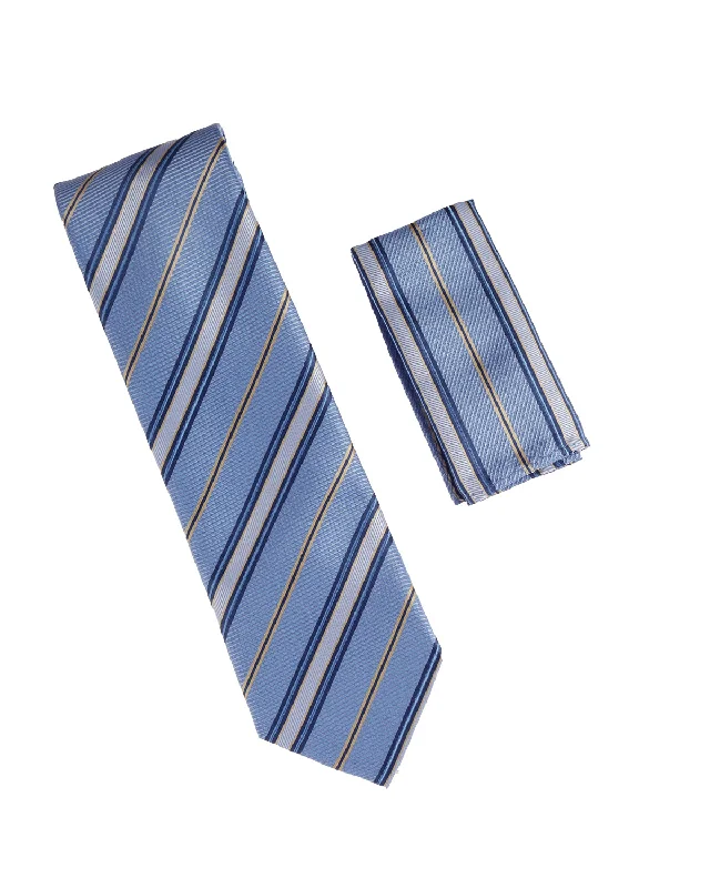 Men's tie with stylish polka dots for casual wear-Carolina Blue with Gold, Light Blue and Baby Blue Striped Design Tie with Matching Pocket Square WTH-988