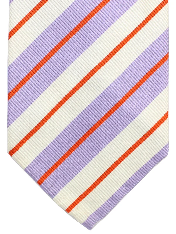 Best silk tie for formal business dinners-Cesare Attolini Tie White Lilac Red Stripes Unlined Necktie FINAL SALE