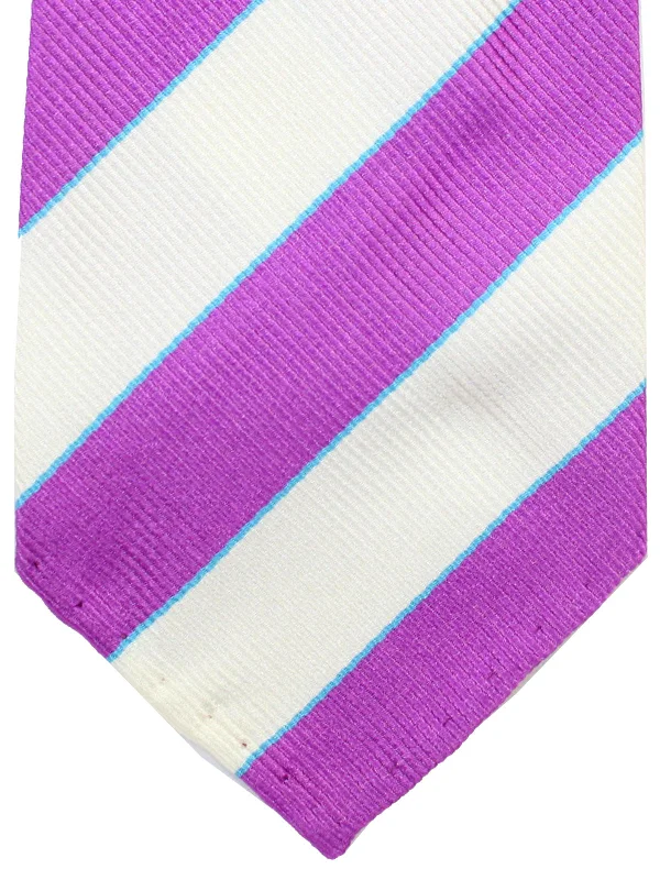 Stylish men's tie with bold polka dots for formal wear-Cesare Attolini Unlined Tie White Magenta Aqua Stripes - FINAL SALE