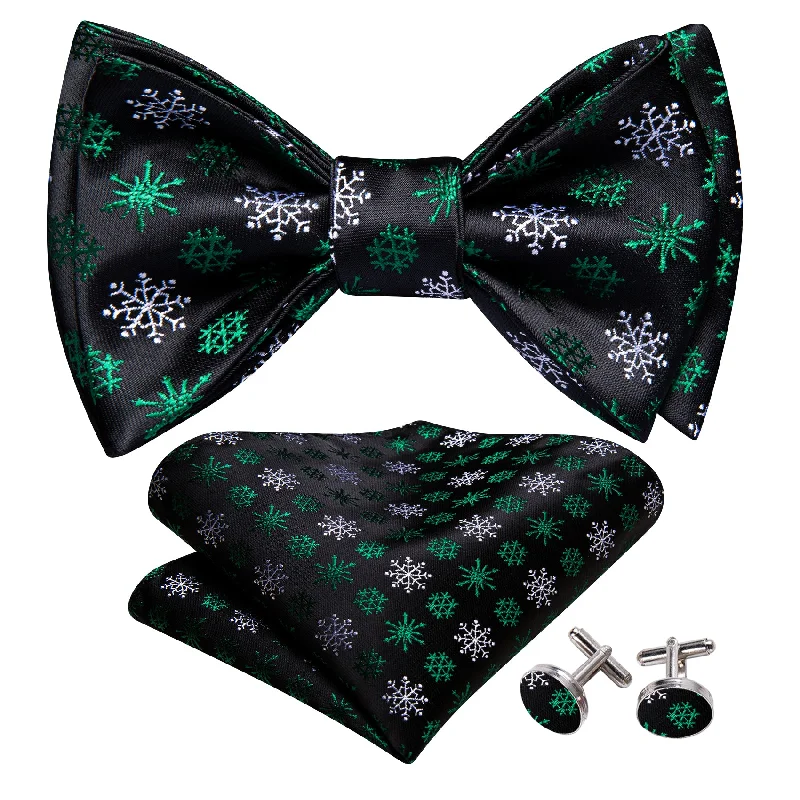 Men's tie with bold stripes for casual office wear-Barry Wang Christmas Black Green Snowflake Self Tied Mens Bow Tie Set