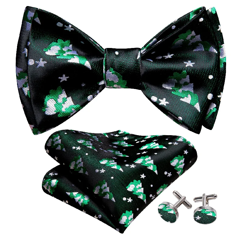 Men's tie for professional look with geometric designs-Barry Wang Christmas Black Green Xmas Tree Self Tied Mens Bow Tie Set