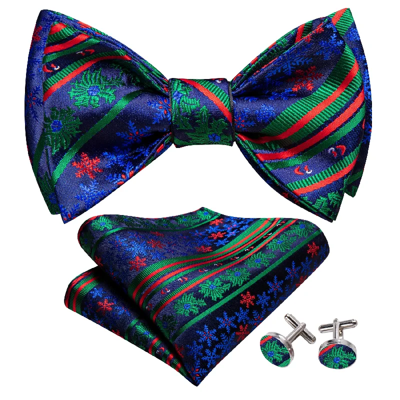 Best men's tie for a luxury corporate meeting-Barry Wang  Christmas Blue Green Snowflake Self Tied Bow Tie Hanky Cufflinks Set