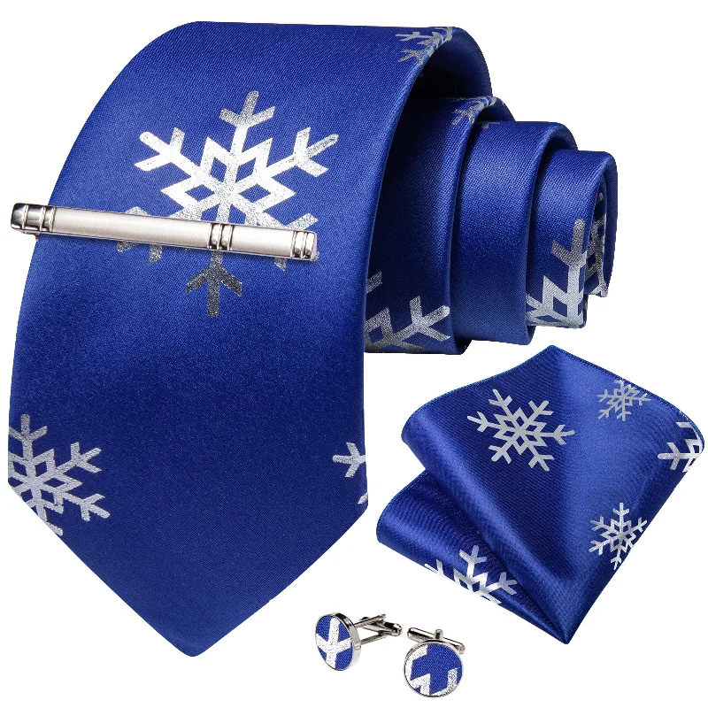 Elegant men's tie with textured finish for parties-Christmas Blue Solid Silver Snowflake Men's Tie Handkerchief Cufflinks Clip Set