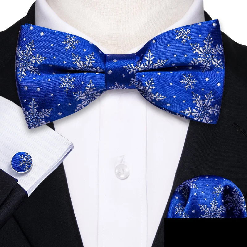 Classic men's tie for formal business events-Barry Wang Christmas Blue White Snowflake Silk Pre-tied Bow Tie Hanky Cufflinks Set