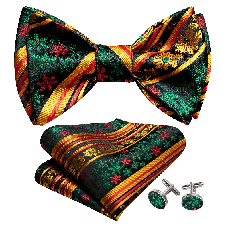 Designer men's tie with minimalistic print for high-end wear-Christmas Gold Green Snowflake Self Tied Bow Tie Hanky Cufflinks Set