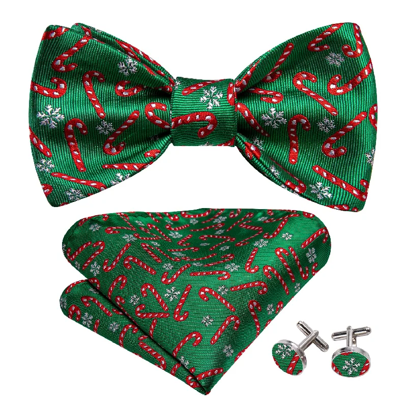 Trendy men's tie with floral motif for weddings-Barry Wang Christmas Green Bow Tie with Candy Cane Pattern Hanky Cufflinks Set