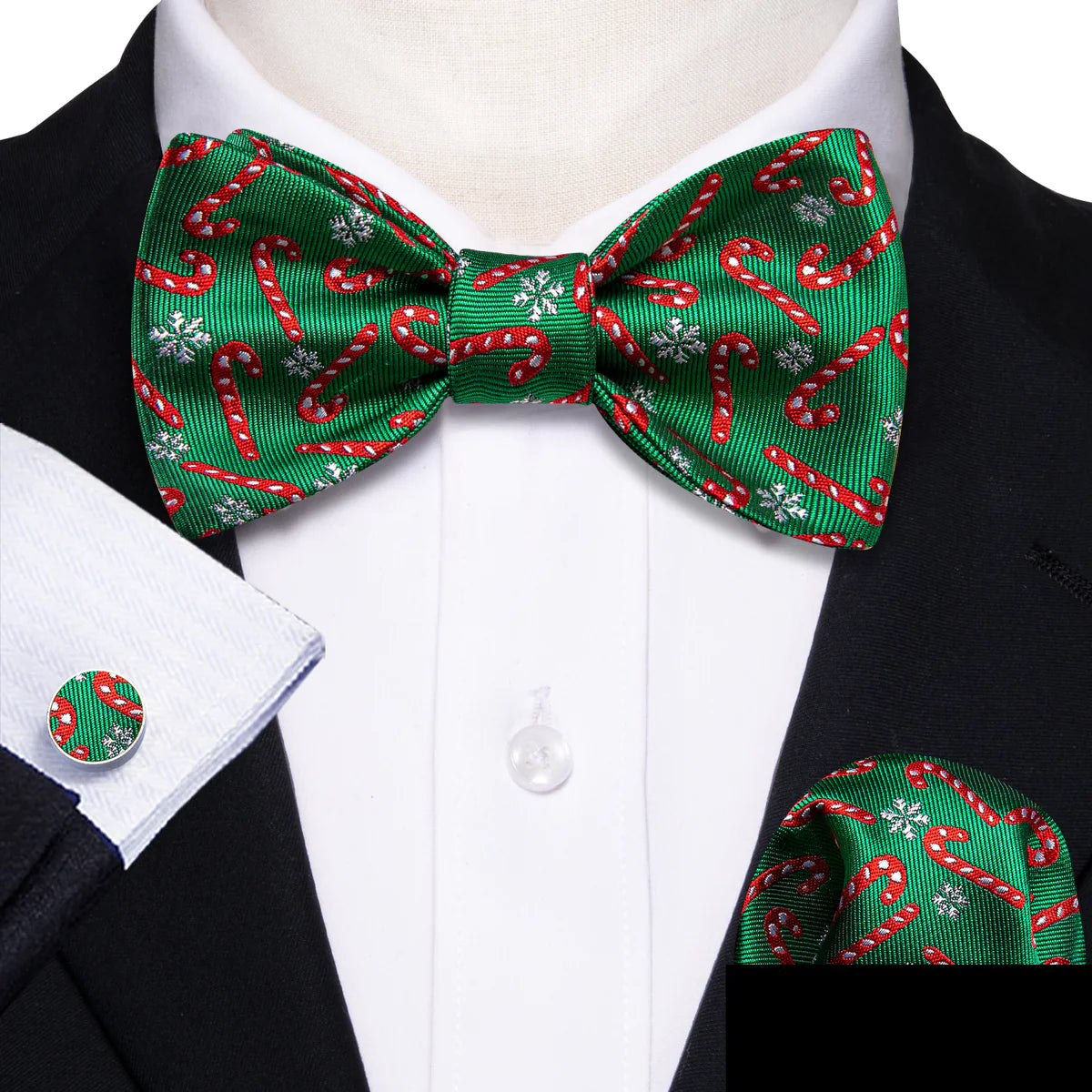 Classic men's tie for formal workwear-Christmas Green Red Crutch Bow Tie Pocket Square Cufflinks Set