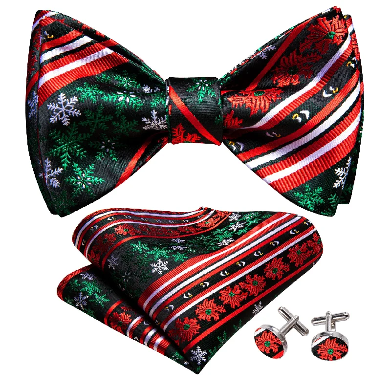 Trendy men's tie with modern abstract prints for work-Christmas Green Red Snowflake Self Tied Bow Tie Hanky Cufflinks Set