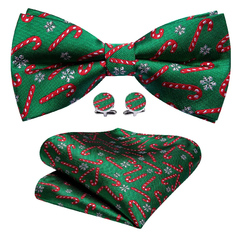 Men's tie for upscale evening events with rich colors-Christmas Green Xmas Crutch Silk Bow Tie Hanky Cufflinks Set