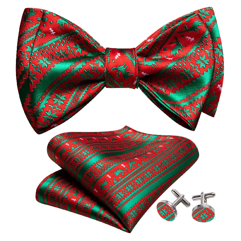 Best men's tie for a luxury corporate meeting-Barry Wang Christmas Green Red Xmas Elk Self Tied Bow Tie Hanky Cufflinks Set