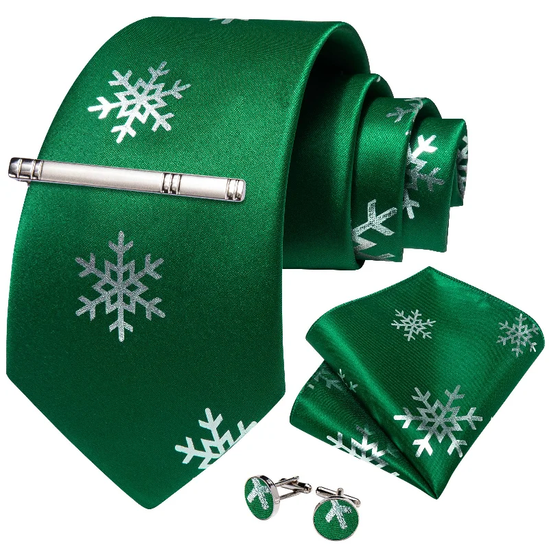 Men's tie with luxurious satin fabric for weddings-Christmas Green Solid Silver Snowflake Men's Tie Handkerchief Cufflinks Clip Set