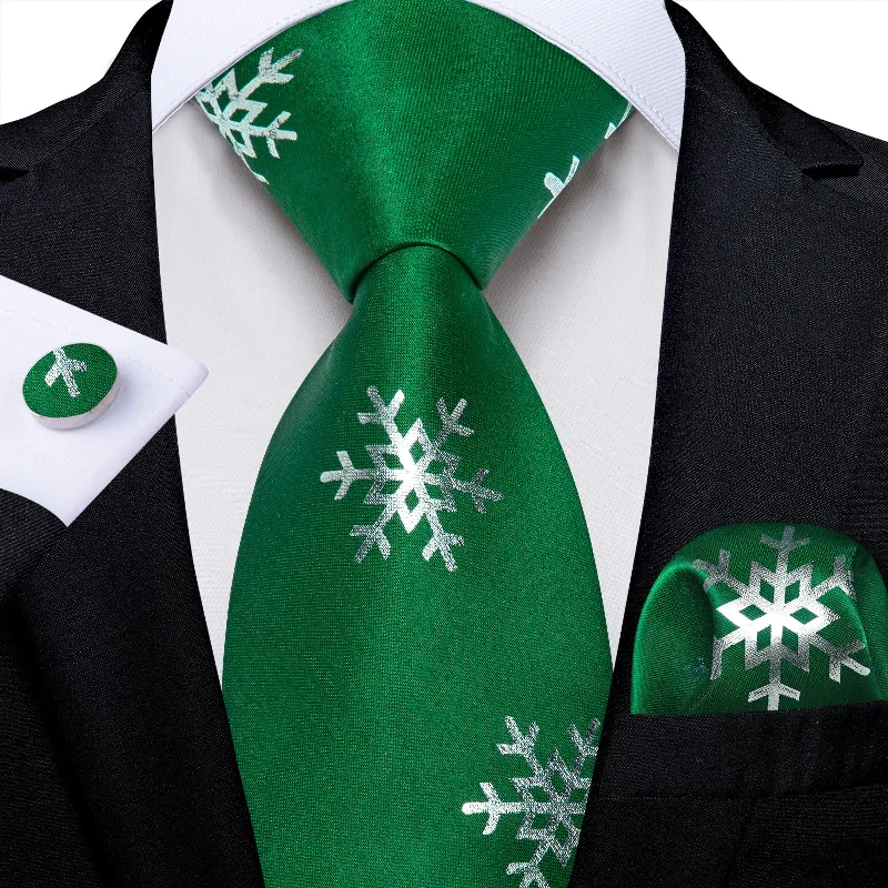 Best tie for men's formal dinner parties-Christmas Green Solid Silver Snowflake Men's Tie Pocket Square Cufflinks Set