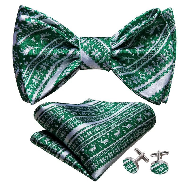 Stylish men's tie with intricate floral pattern-Barry Wang Christmas Green White Self Tied Bow Tie Hanky Cufflinks Set