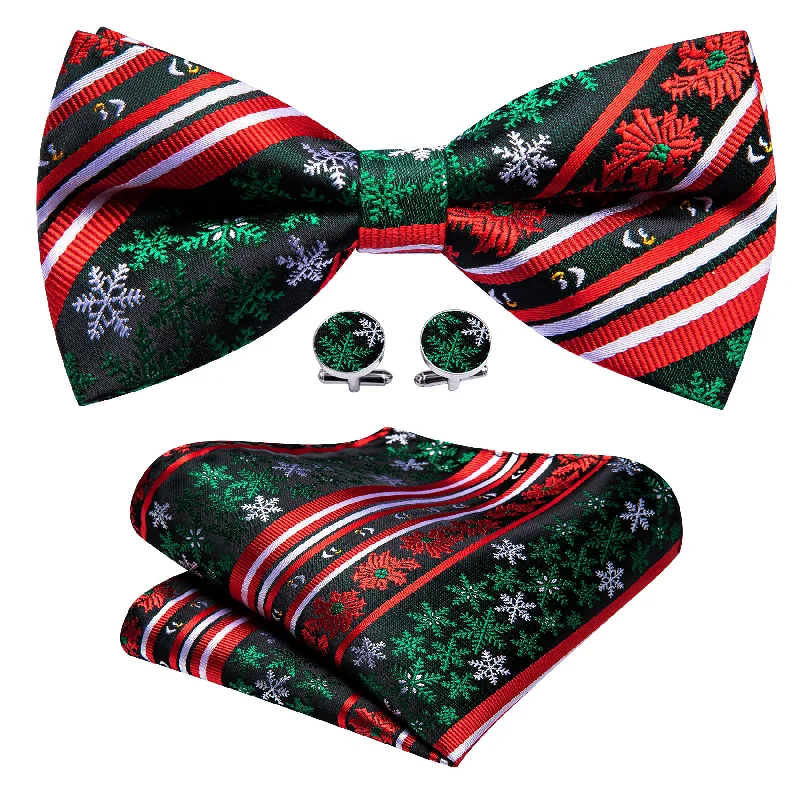 Men's tie with subtle diagonal stripes for office events-Christmas Red Green Xmas Snowflake Pre Tied Bow Tie Hanky Cufflinks Set