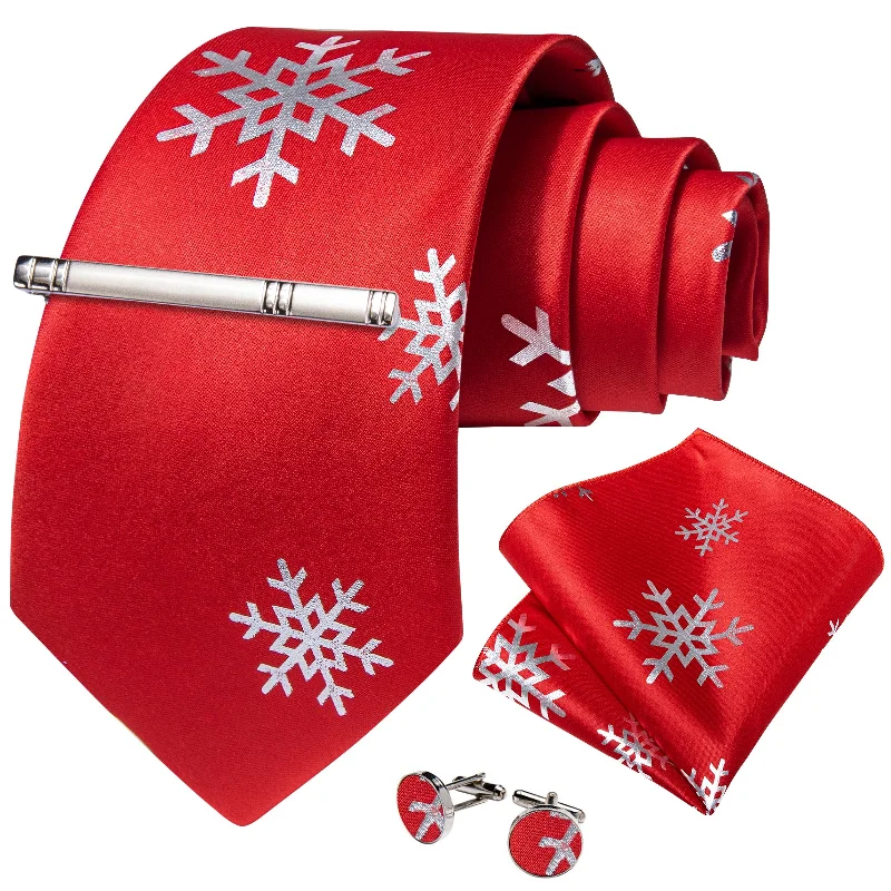 Stylish men's tie for a chic office look-Christmas Red Solid Silver Snowflake Men's Tie Handkerchief Cufflinks Clip Set