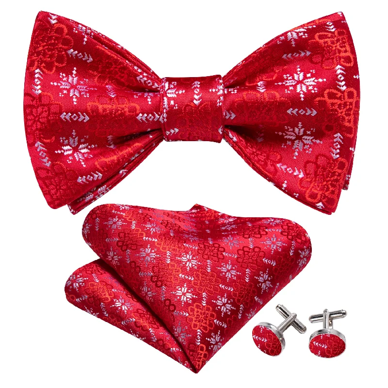 Men's tie for stylish office wear with vibrant hues-Christmas Red White Snowflake Pattern Silk Self Tie Bow Tie Hanky Cufflinks Set