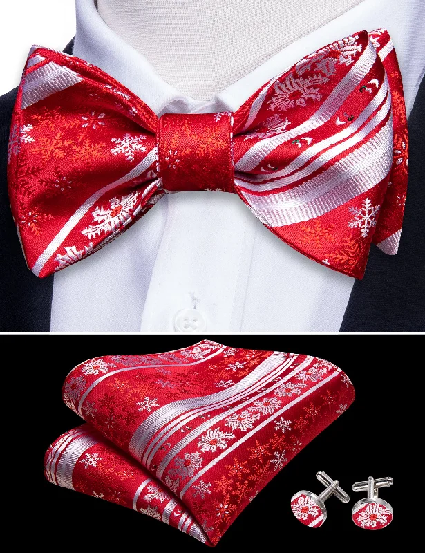 Best men's tie with vintage paisley design-Christmas Red White Snowflake Self Tied Bow Tie Hanky Cufflinks Set