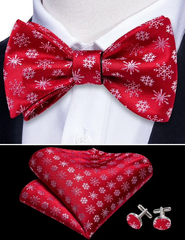 Elegant men's tie with floral print for formal wear-Christmas Red White Snowflake Silk Self Tie Bow Tie Hanky Cufflinks Set