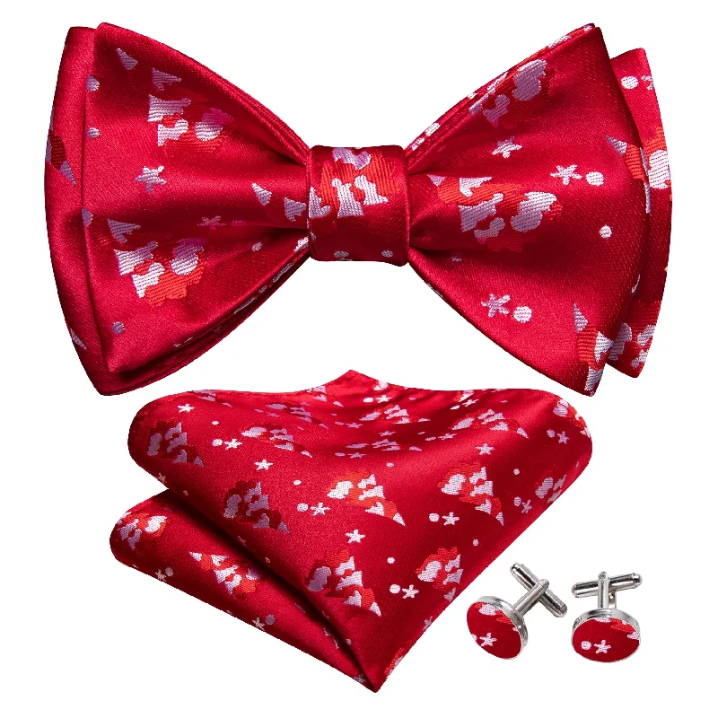 Designer men's tie for upscale social events-Christmas Red White Xmas Tree Self Tied Bow Tie Hanky Cufflinks Set