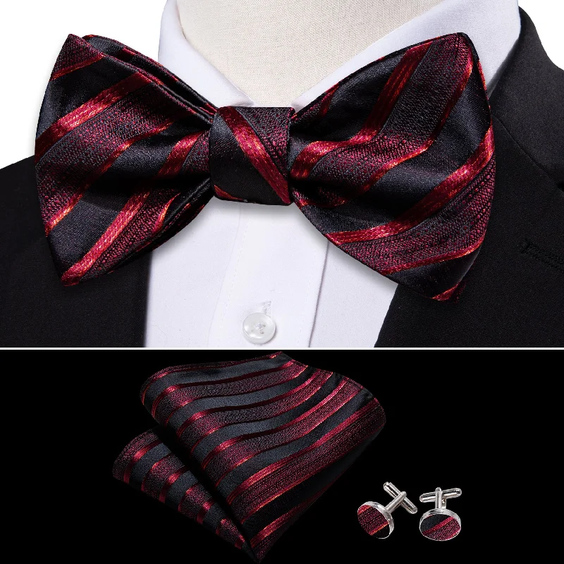 Designer tie with bold prints for business wear-Claret Red Black Striped Silk Self Bow Tie Hanky Cufflinks Set