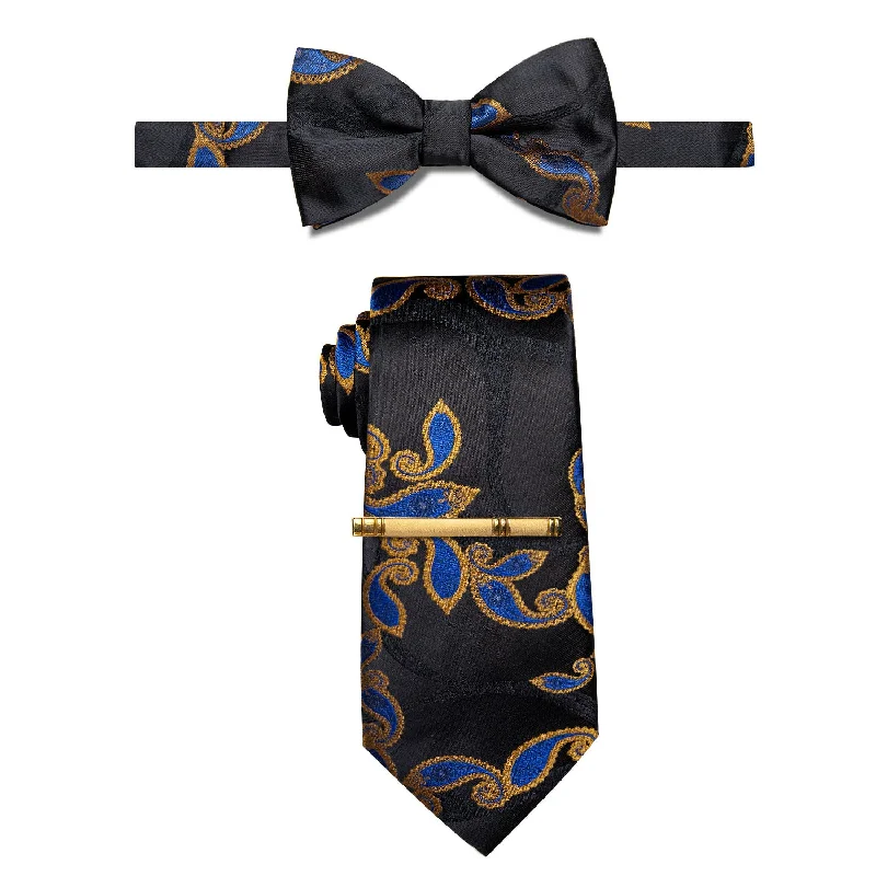 Men's tie for special occasions with modern design-YourTies Black Blue Paisley Pre-tied Bow Tie Necktie Golden Tie Clip