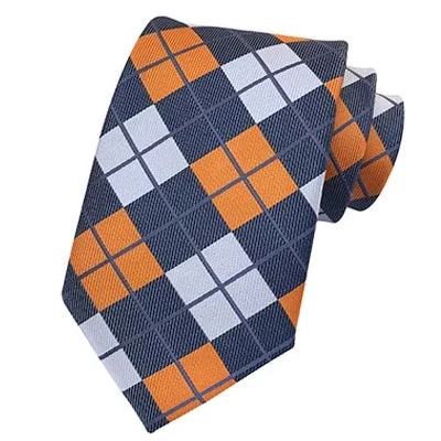 Stylish men's tie with fine woven design for work-Classy Men Classic Orange Grey Check Silk Tie