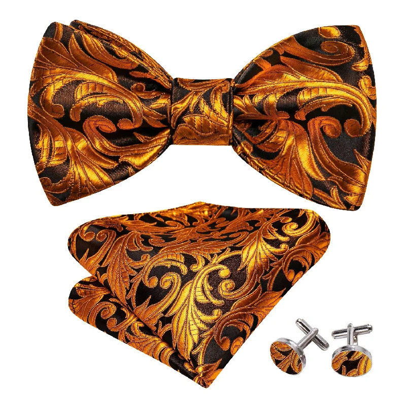 Designer silk tie for upscale corporate functions-Barry Wang Classy Gold Tie Black Paisley Bow Tie Hanky Cufflinks Set