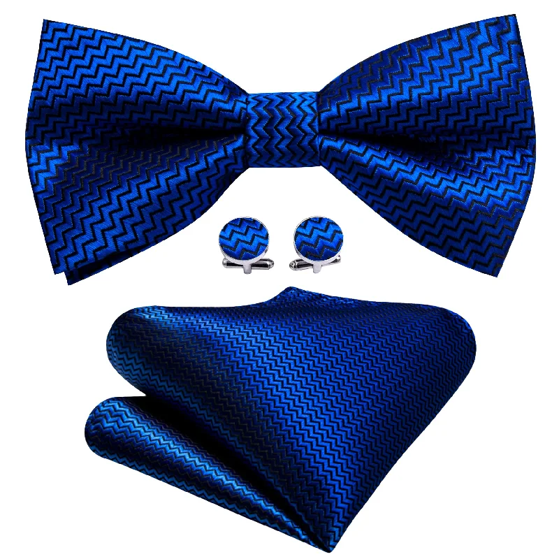 Stylish men's tie with fine woven design for work-Cobalt Blue Curve Silk Bow Tie Hanky Cufflinks Set