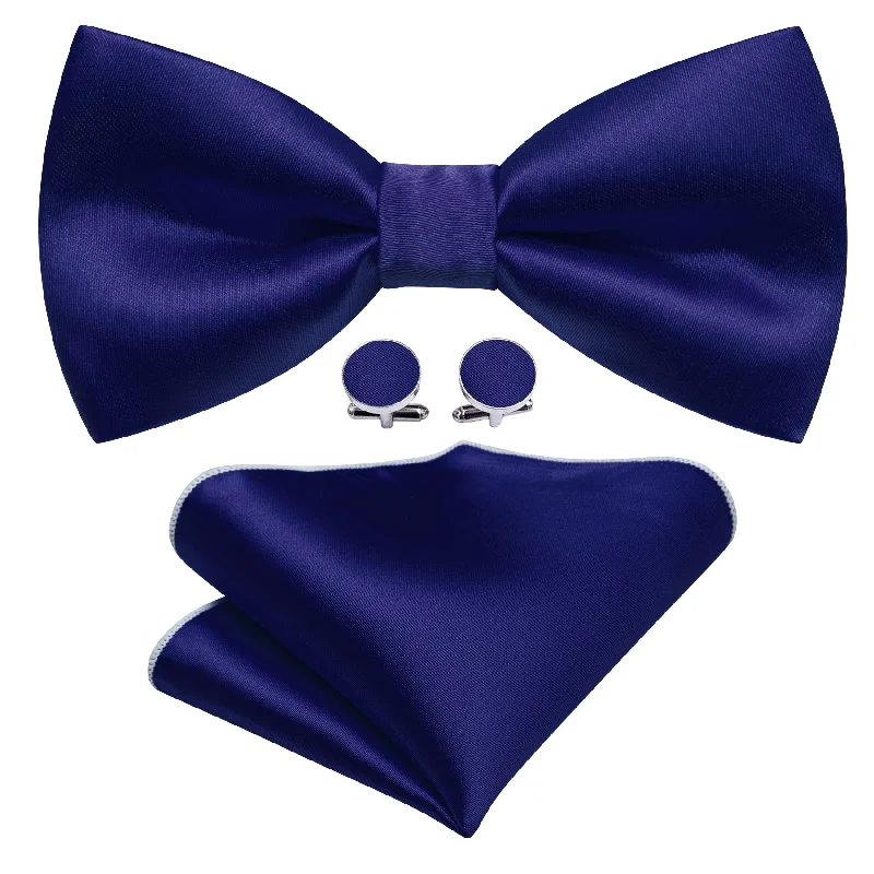 Luxury men's tie with a sophisticated sheen for weddings-Cobalt Blue Solid Silk Pre Tied Bow Tie Hanky Cufflinks Set