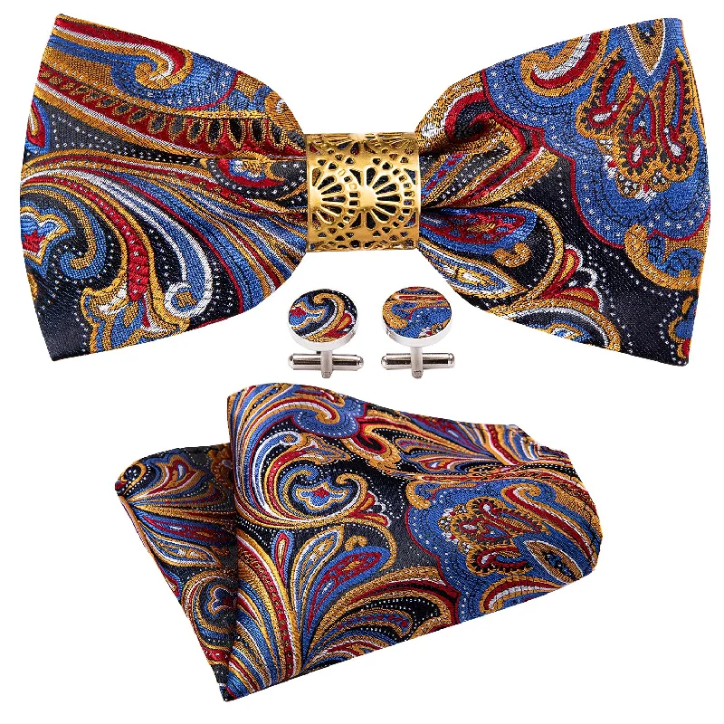 Designer silk tie for fashion-forward events-Colorful Pre-tied Bow Tie Hanky Cufflinks Set