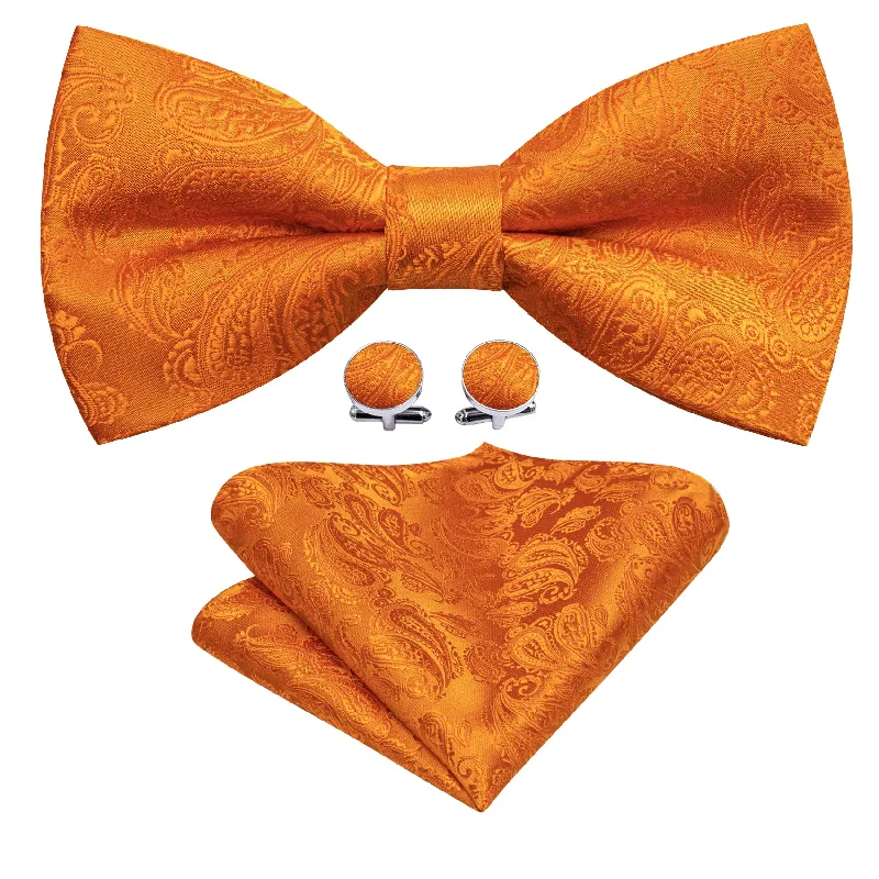 Best men's tie with rich patterns for business attire-Orange Paisley Silk Bow Tie Hanky Cufflinks Set