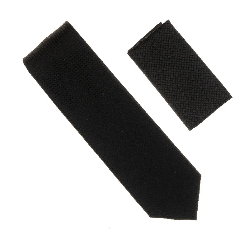 Luxury men's tie for formal business functions-Black Micro-Grid Extra Long Necktie with Matching Pocket Square