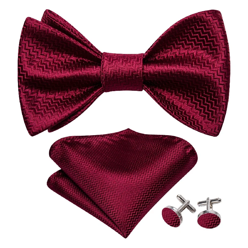 Men's tie with vibrant floral accents for formal gatherings-Dark Red Striped Silk Bow Tie Hanky Cufflinks Set