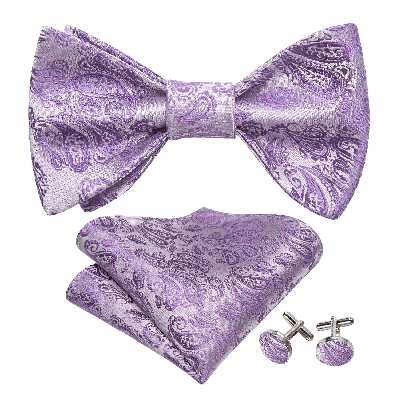 Men's tie with smooth fabric for corporate meetings-Purple Silver Paisley Silk Bow Tie Hanky Cufflinks Set