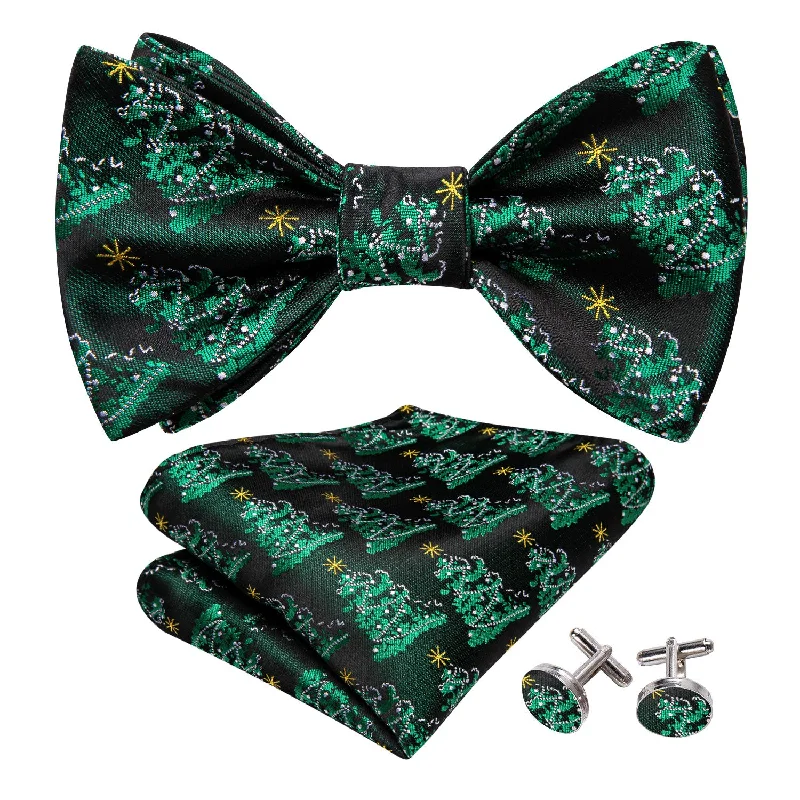 Men's tie for sophisticated occasions with floral accents-Barry Wang Christmas Green Tree Silk Mens Bow Tie Hanky Cufflinks Set