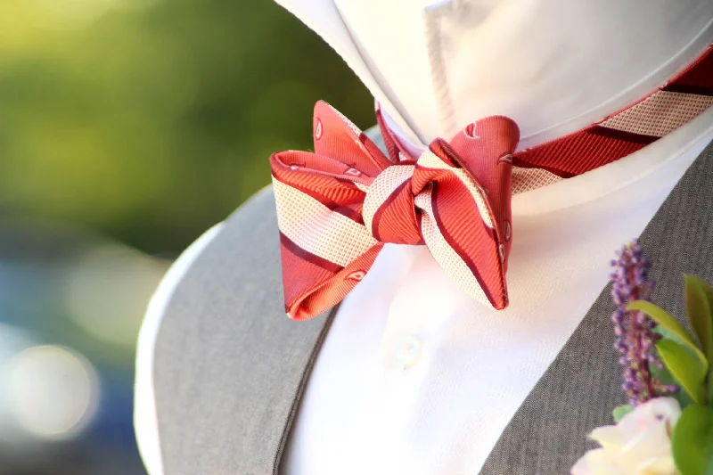 Men's tie for professional look with geometric designs-Coral Salmon Paisley Stripe Reversible Self-Tie Bow Tie