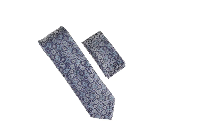 Luxury men's tie for formal business functions-Baby Blue, Navy, and Silver Designed Necktie with Matching Pocket Square WTH-A193