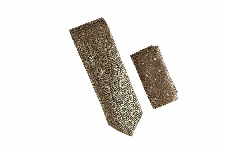 Men's tie for business attire with bold hues-Bronze, Gold and Light Tan Designed Tie With Matching Pocket Square LTD-832