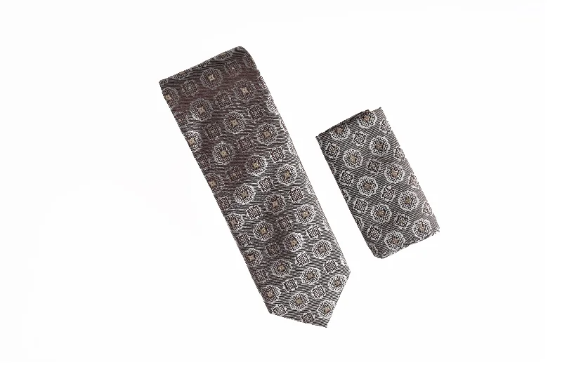 Men's tie with smooth satin finish for formal wear-Metallic Brown and Gold Designed Necktie with Matching Pocket Square