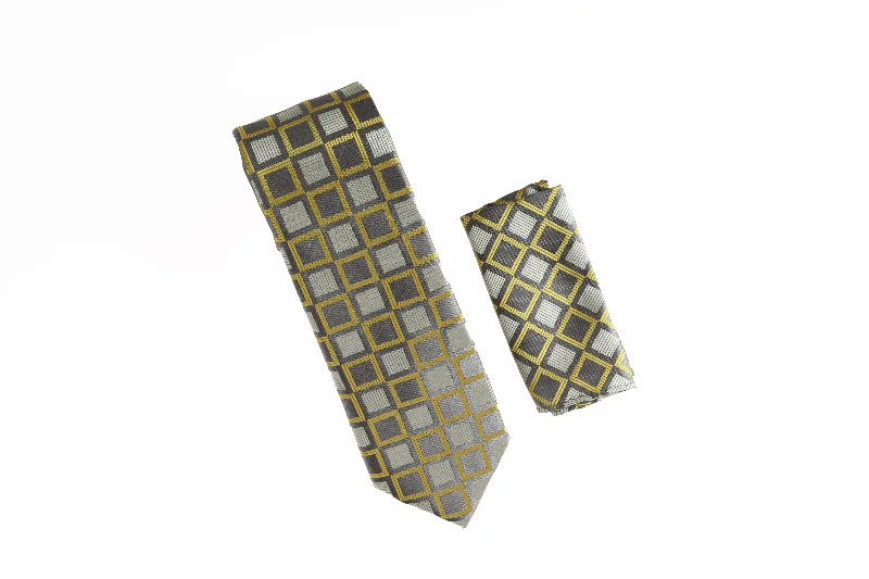 Men's tie with floral prints for a refined look-Metallic Sage, Light Sage and Bright Yellow Square Designed Tie with Matching Pocket Square LTD-840