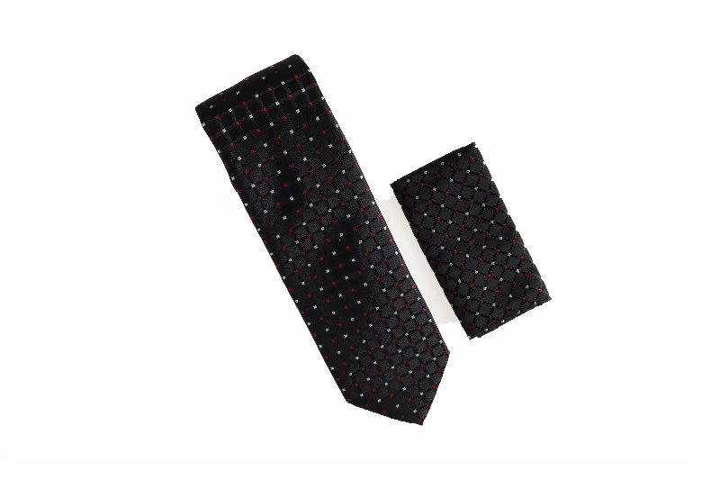 Best men's tie for upscale dinner parties-Black, With Mini Red and Silver Squares Designed Tie with Matching Pocket Square LTD-846