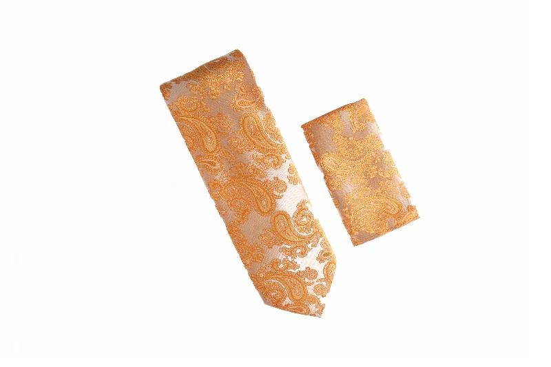 Stylish men's tie with bold polka dots for formal wear-Metallic Orange and Light Gold Paisley Designed Tie with Matching Pocket Square LTD-853