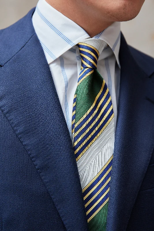 Designer men's tie for upscale dinner events-Drake's Green/White with Yellow/Navy Stripe Herringbone Silk Tie