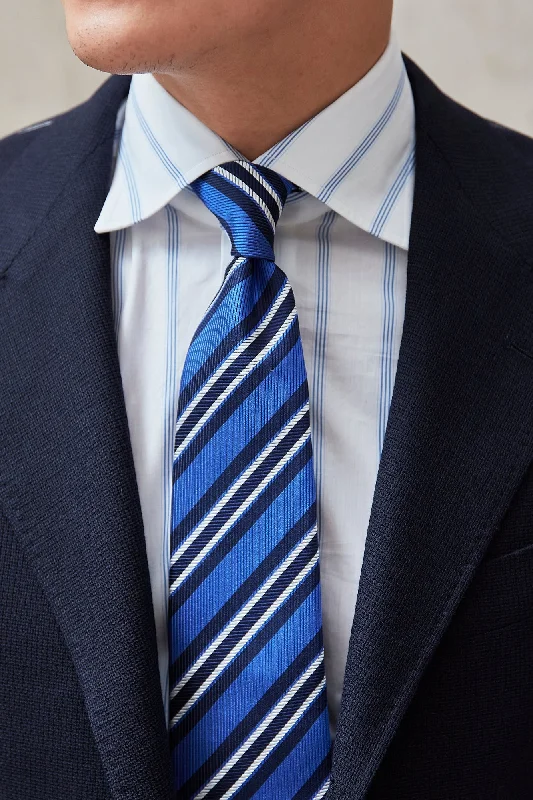 Best men's tie for business events with contemporary patterns-Drake's Blue with Navy/White Stripe Herringbone Silk Tie