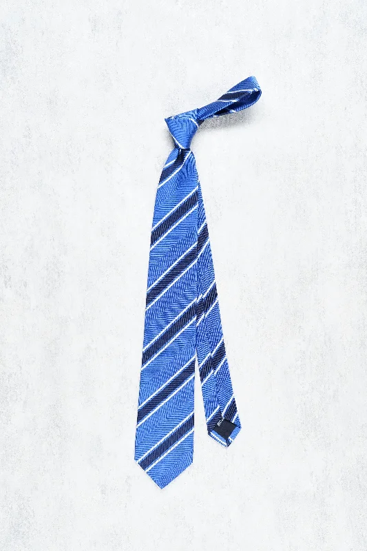 Stylish men's tie with fine woven design for work-Drake's Blue with White/Navy Stripe Herringbone Silk Tie