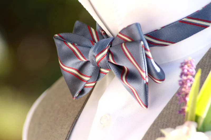 Men's tie with bold patterns for weddings-Dusty Blue Red Stripe Self-Tie Bow Tie