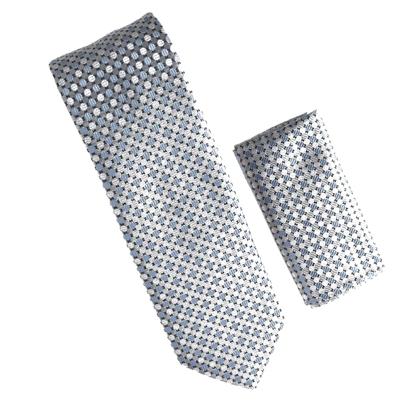 Men's tie with bold abstract print for formal events-Baby Blue, Grey and Silver Designed Extra Long Tie Set with Matching Pocket Square WTHXL-804